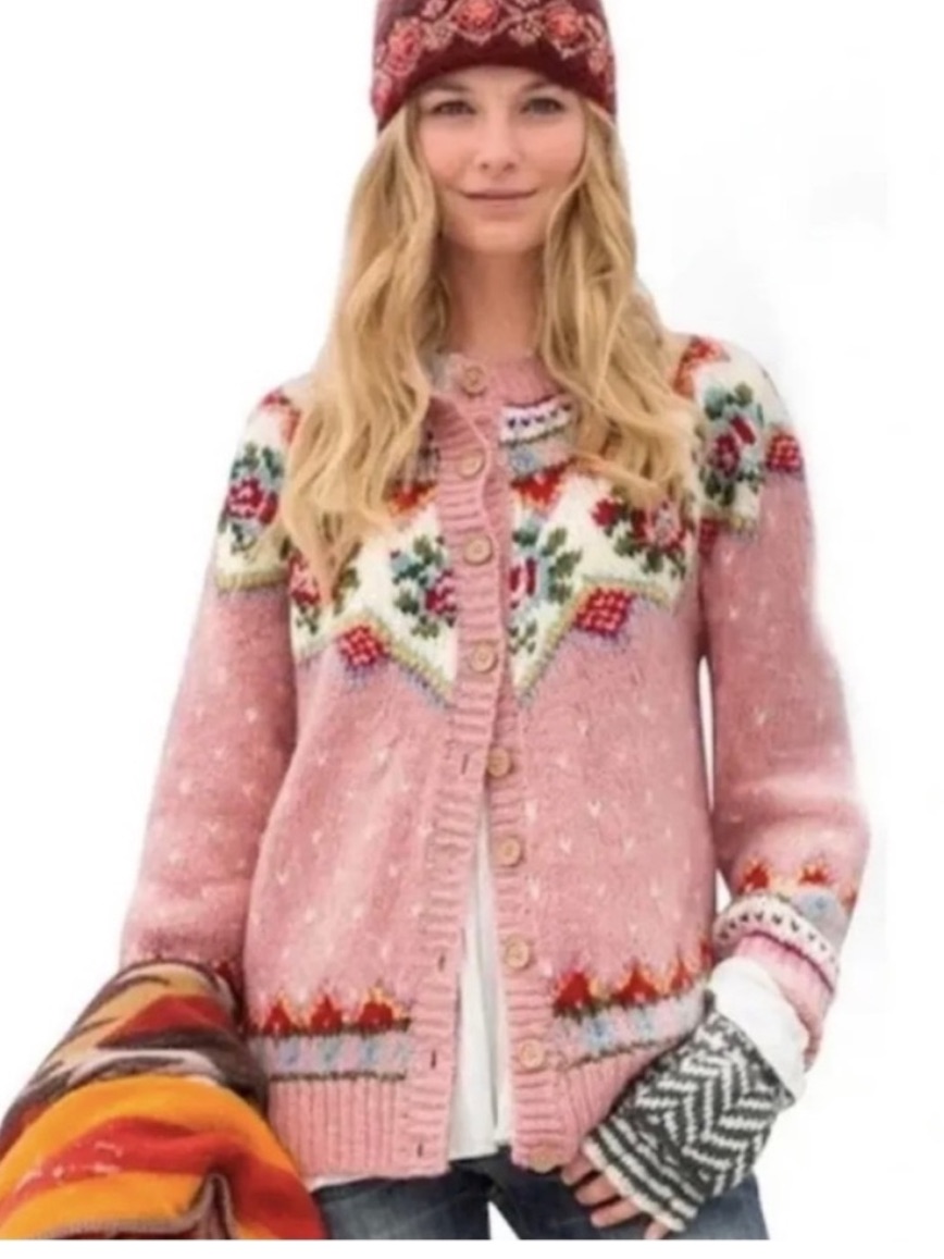 Sundance Irish Rose Fair Isle Wool Pink Button Down Cardigan Sweater Boho Size S